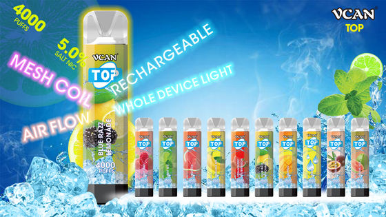VCAN TOP Disposable Vape E-Cigarette 4000 Puffs Square Shape Mesh Coil RGB Light Glowing Adjustable Airflow